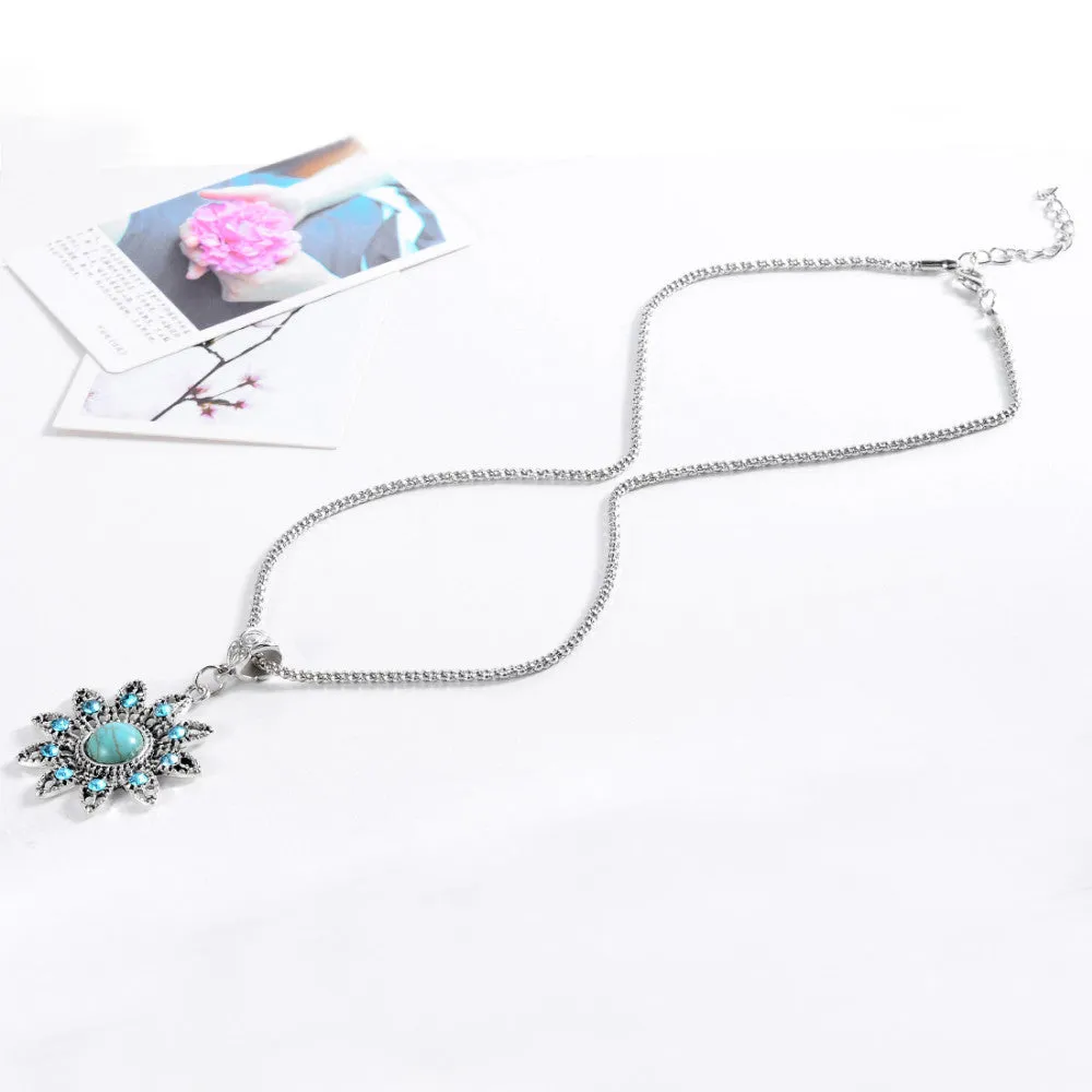 Hot necklace Christmas Antique Hollow Tibetan Silver Crystal flower Turquoise Pendant Chain Necklace Clothes for Women