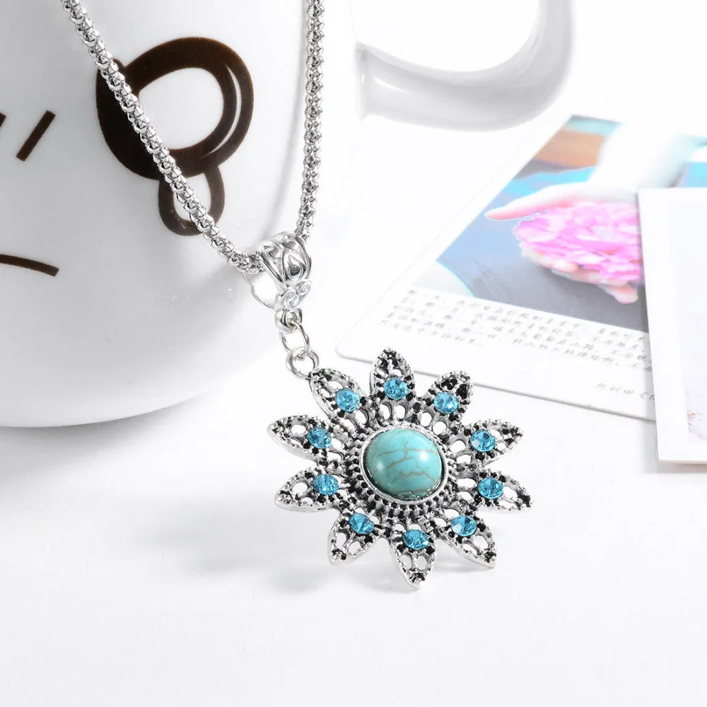 Hot necklace Christmas Antique Hollow Tibetan Silver Crystal flower Turquoise Pendant Chain Necklace Clothes for Women
