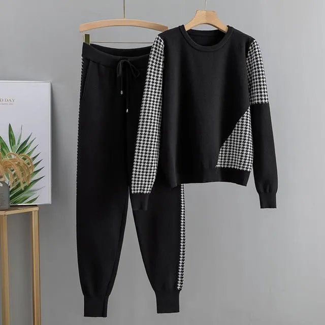 Houndstooth Details Fine Knit Loungewear Set