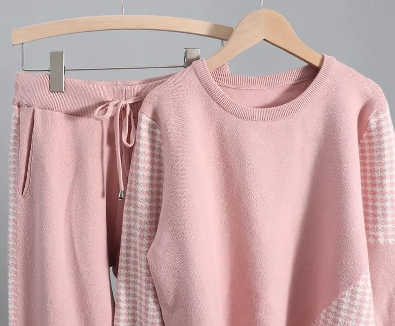 Houndstooth Details Fine Knit Loungewear Set