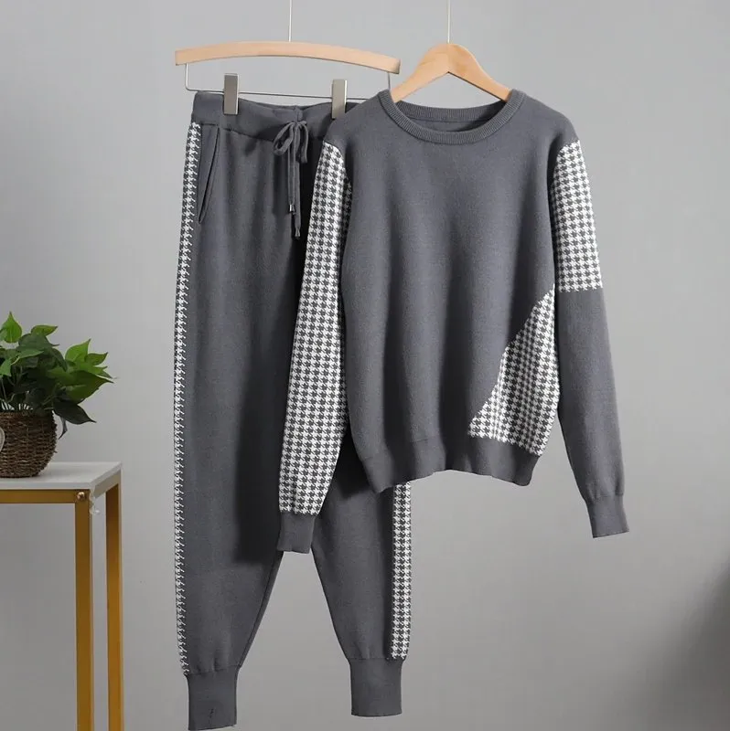 Houndstooth Details Fine Knit Loungewear Set