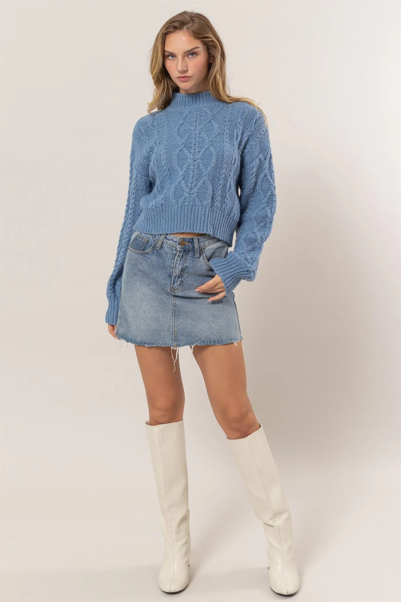 HYFVE Cable-Knit Sweater Women Mock Neck Long Sleeve Gray Blue Pullover