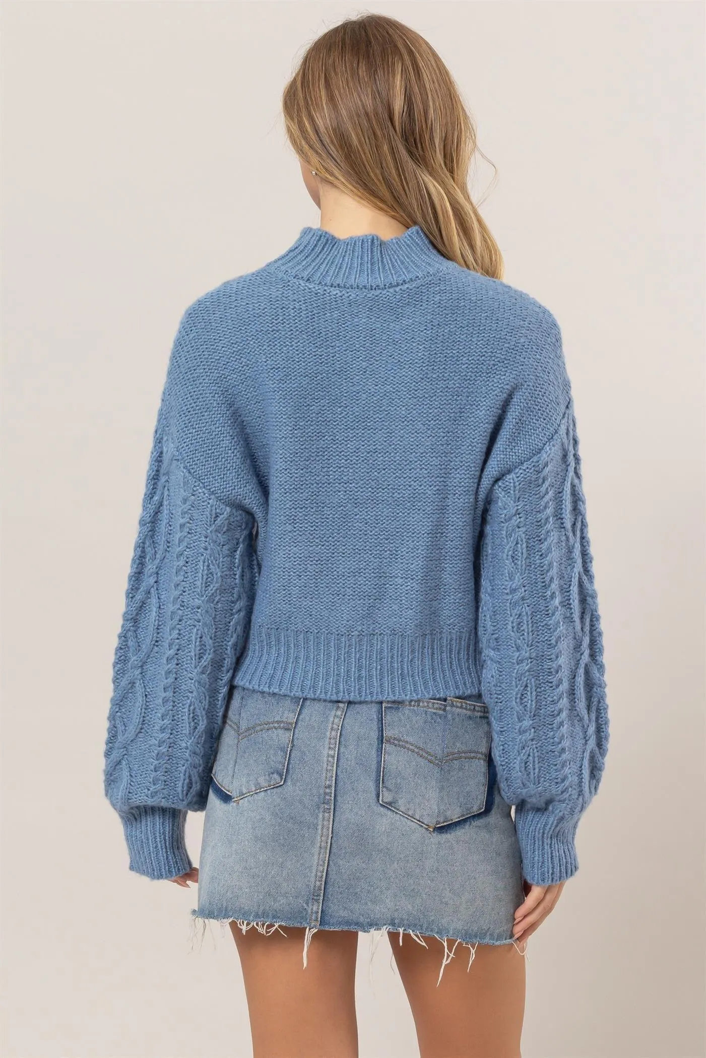HYFVE Cable-Knit Sweater Women Mock Neck Long Sleeve Gray Blue Pullover