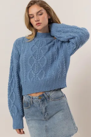 HYFVE Cable-Knit Sweater Women Mock Neck Long Sleeve Gray Blue Pullover