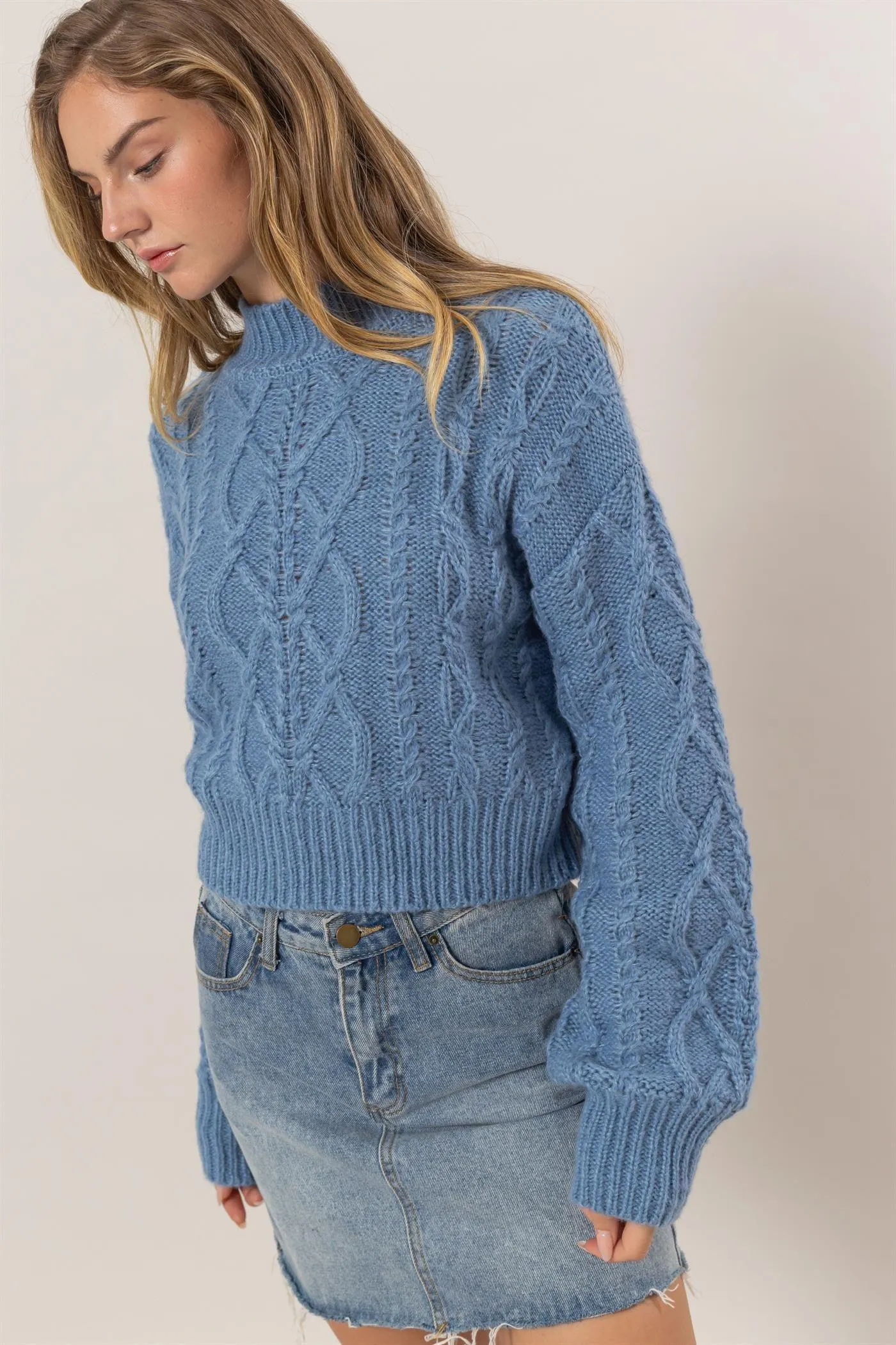 HYFVE Cable-Knit Sweater Women Mock Neck Long Sleeve Gray Blue Pullover