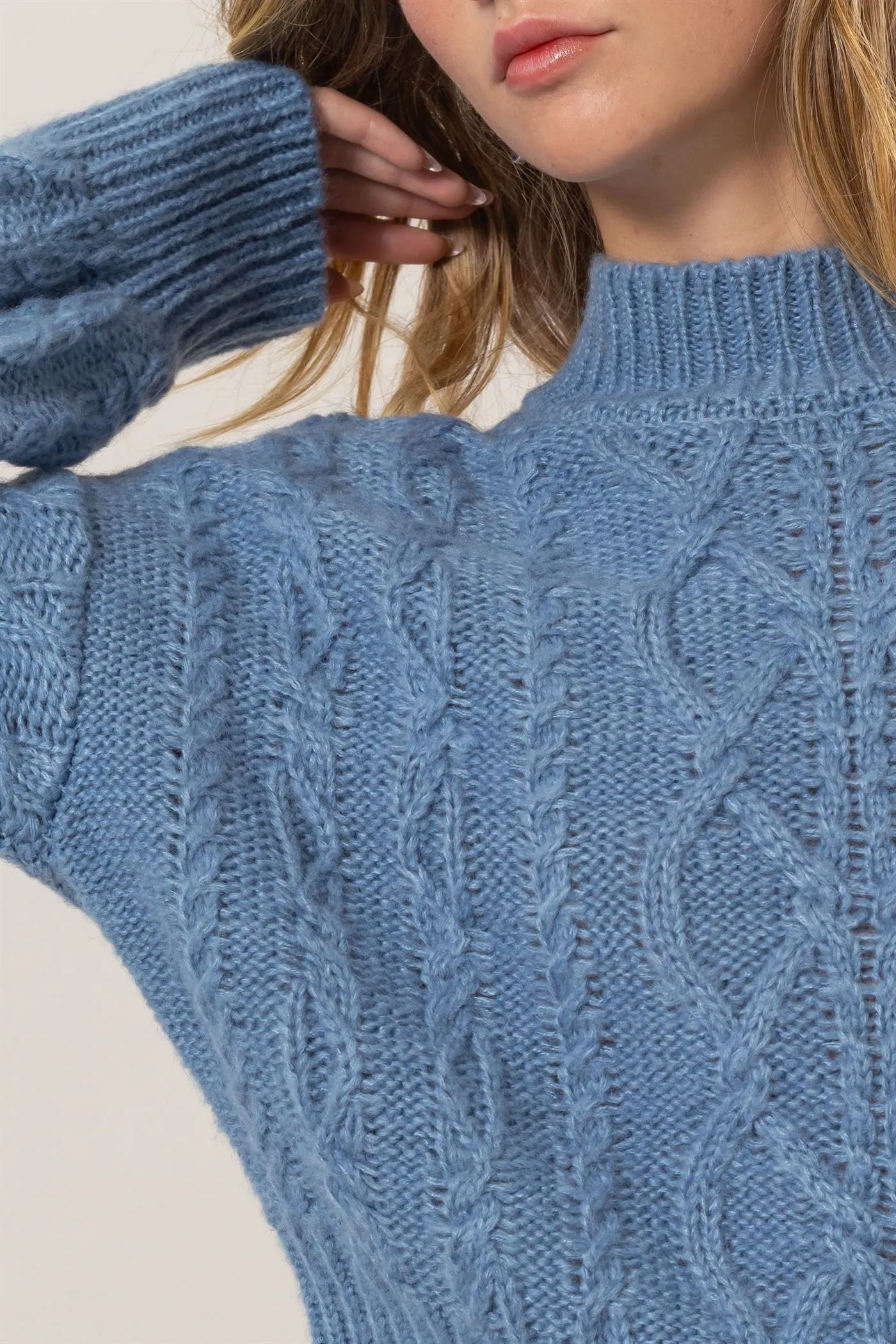 HYFVE Cable-Knit Sweater Women Mock Neck Long Sleeve Gray Blue Pullover