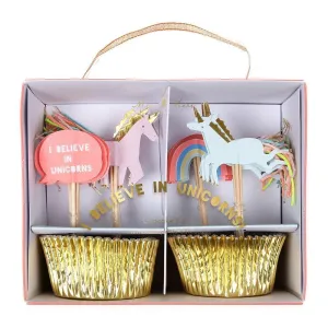 I Believe in Unicorns Cupcake Kit by Meri Meri, Includes 24 Cupcake Liners in Gold Foil and 24 Toppers in 4 Rainbow and Unicorn Styles