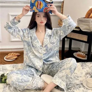 Ice Silk Women's Pajama Set - 2 Piece Lapel Cardigan & Printed Pants Sleepwear