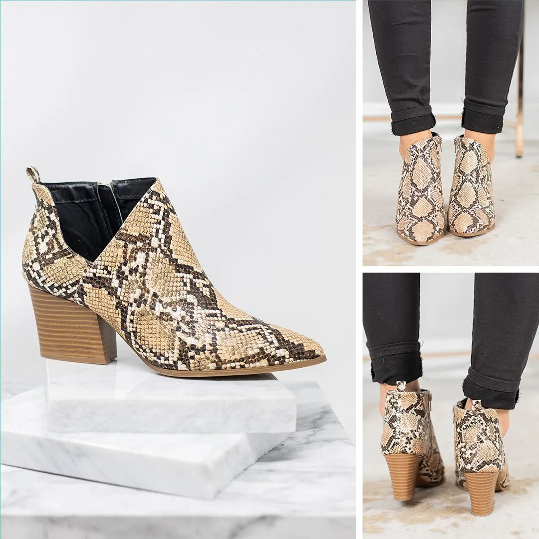 I'm All In Beige Brown Snake Booties