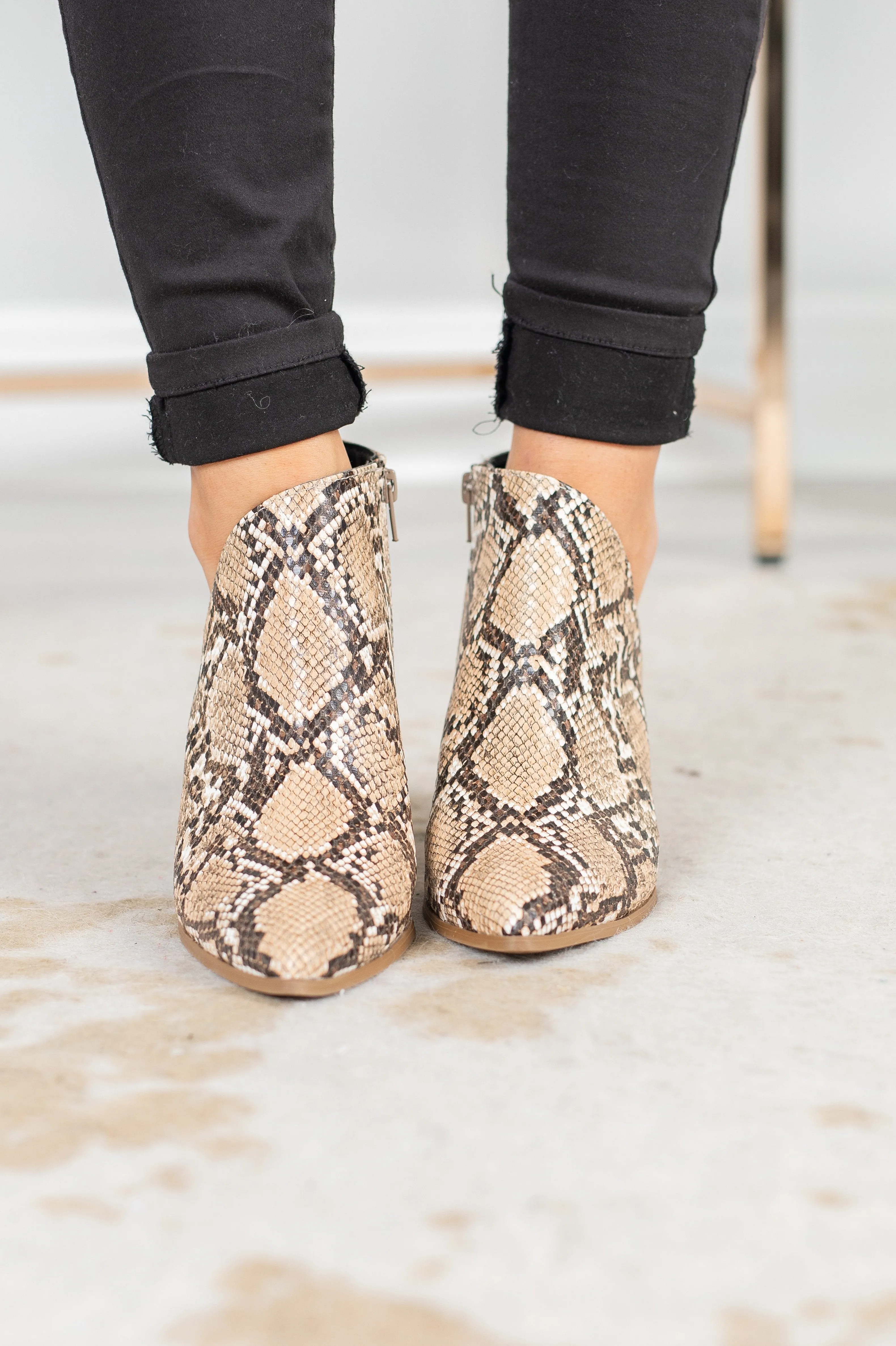 I'm All In Beige Brown Snake Booties