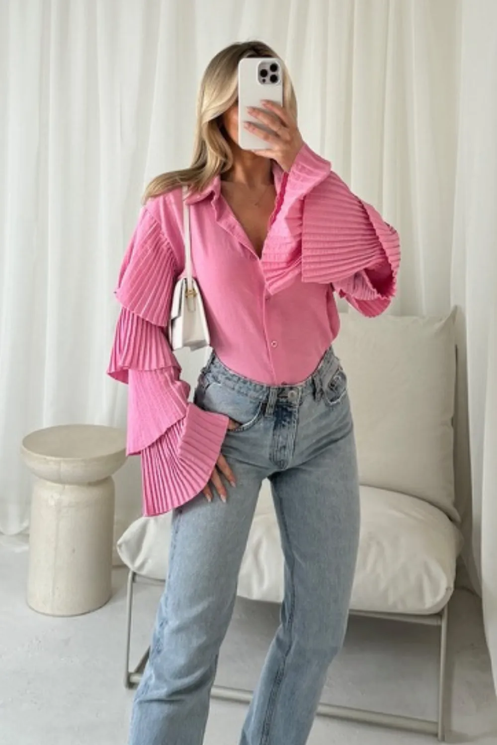 India pink frill arm long sleeve shirt