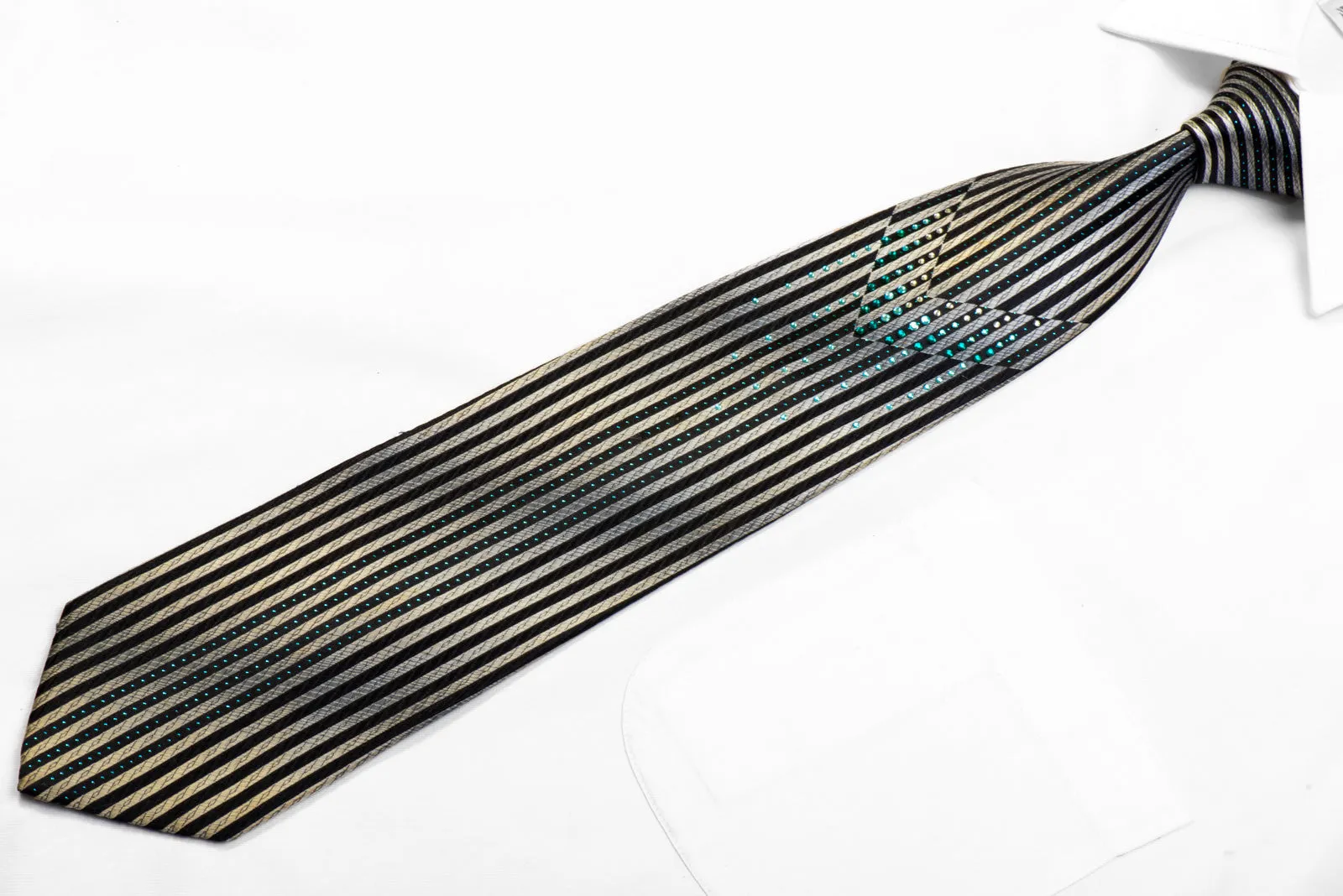 Indian Homme Rhinestone Silk Tie Navy Vertical Striped On Silver With Sparkles