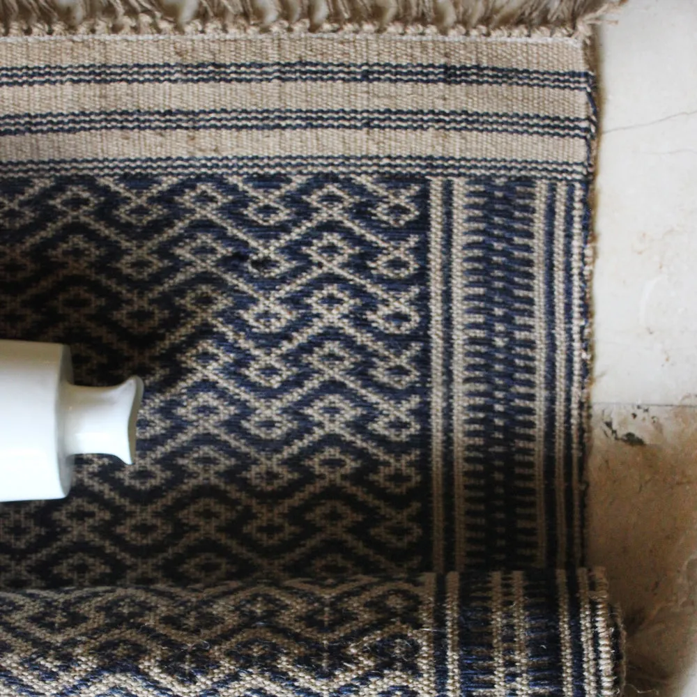 Indigo Blue And Beije Handwoven Jute Cotton Rug, Cotton Dhurrie With Diamond Pattern, L 5 Ft x W 3 Ft