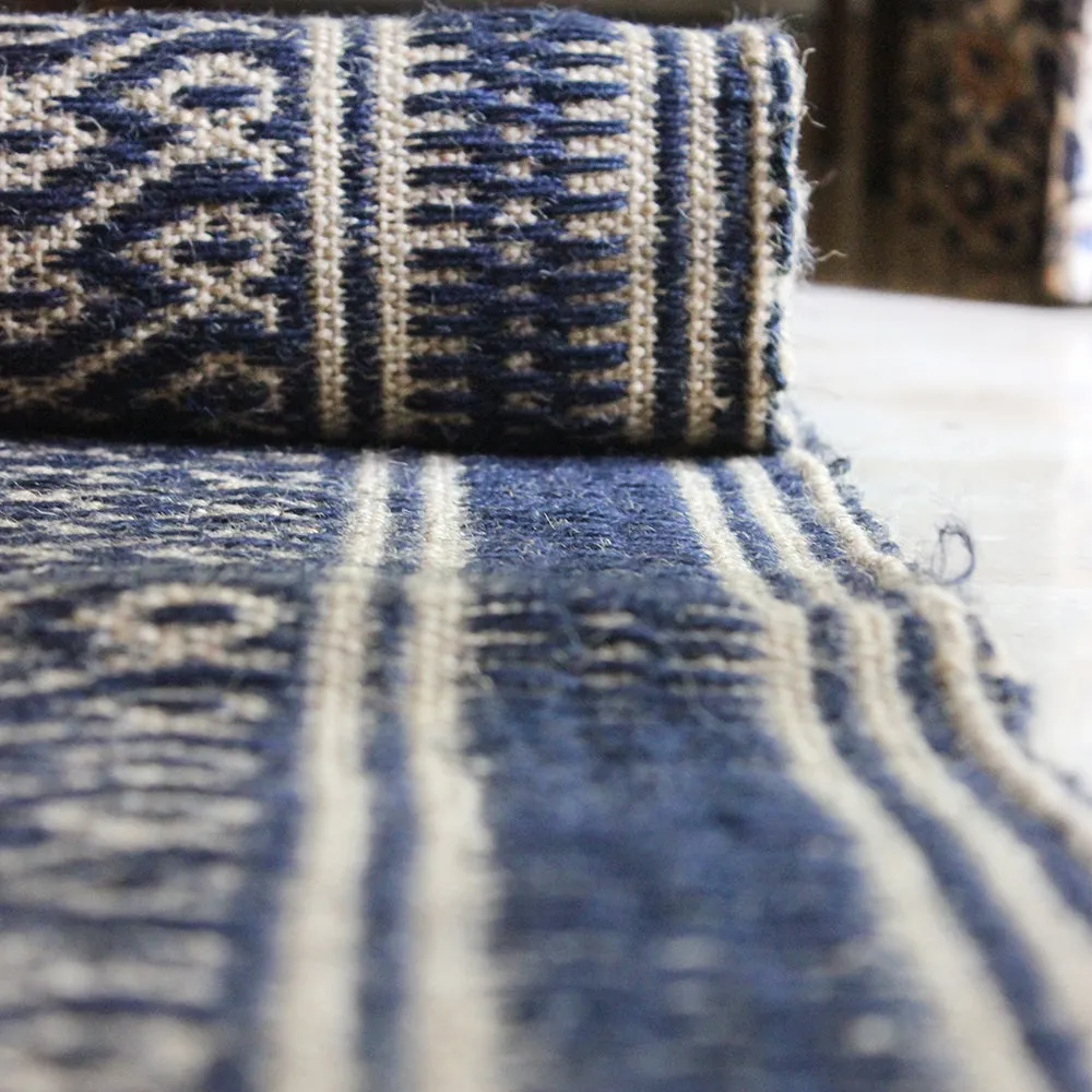 Indigo Blue And Beije Handwoven Jute Cotton Rug, Cotton Dhurrie With Diamond Pattern, L 5 Ft x W 3 Ft