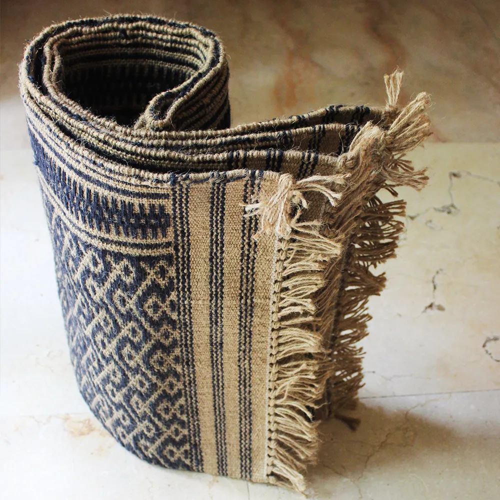 Indigo Blue And Beije Handwoven Jute Cotton Rug, Cotton Dhurrie With Diamond Pattern, L 5 Ft x W 3 Ft