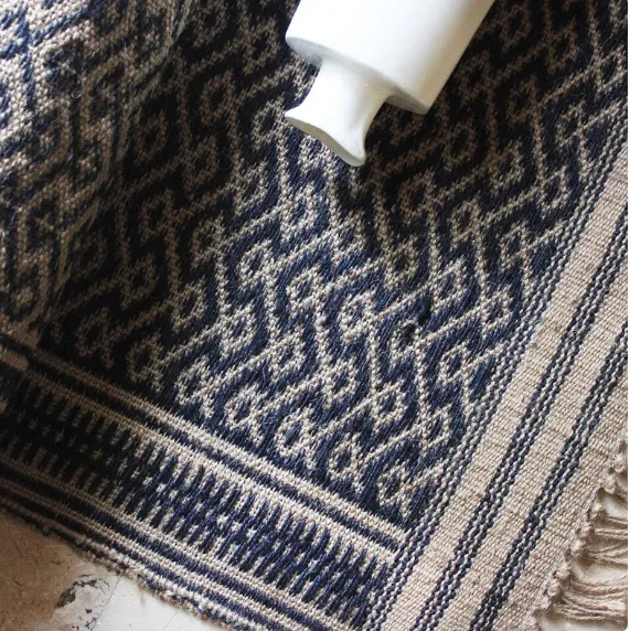 Indigo Blue And Beije Handwoven Jute Cotton Rug, Cotton Dhurrie With Diamond Pattern, L 5 Ft x W 3 Ft