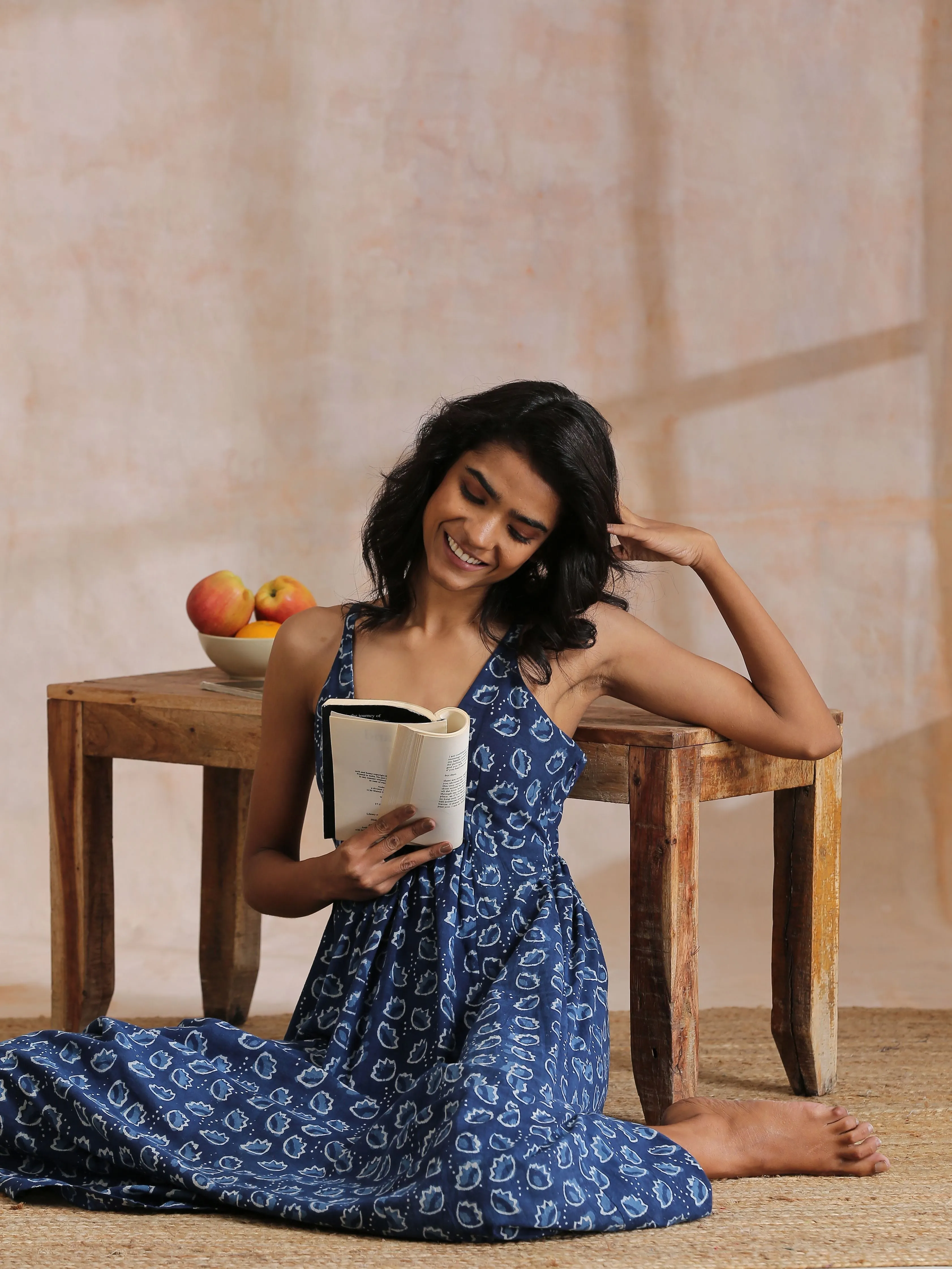 Indigo Dabu Floral Print Cotton Sleeveless Dress