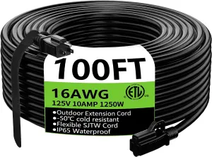 Indoor Outdoor Black Extension Cord 100 Ft Waterproof, 16/3 Gauge Flexible Cold-Resistant Appliance Extension Cord Outside, 10A 1250W 16AWG SJTW, 3 Prong Heavy Duty Electric Cord, ETL