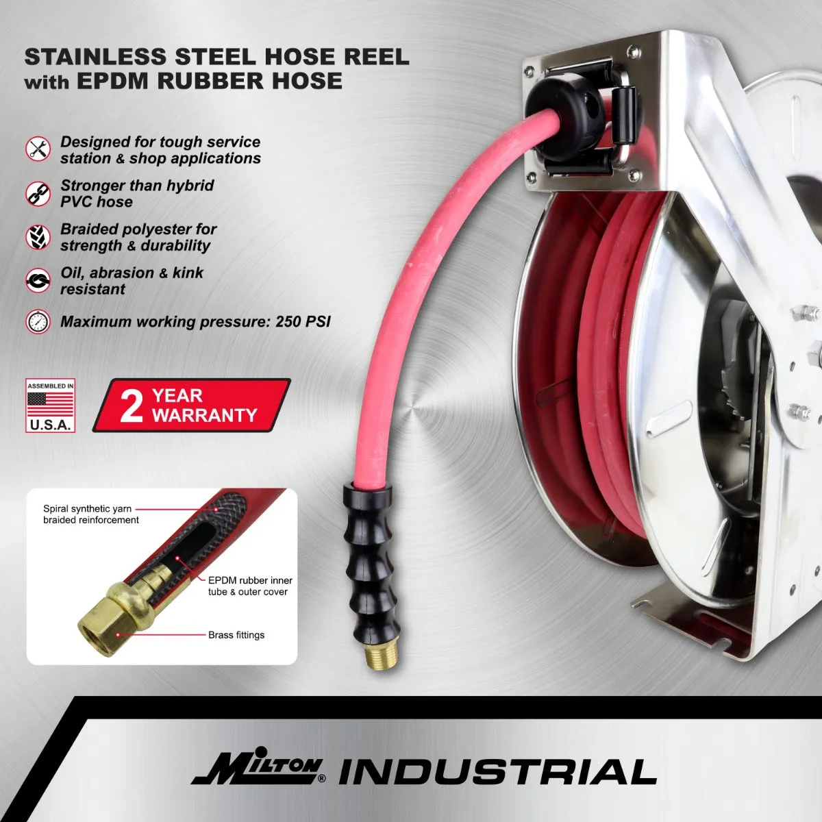 Industrial Stainless Steel Hose Reel Retractable, 3/8" ID x 50' EPDM Hose w/ 3/8" NPT, 300 PSI