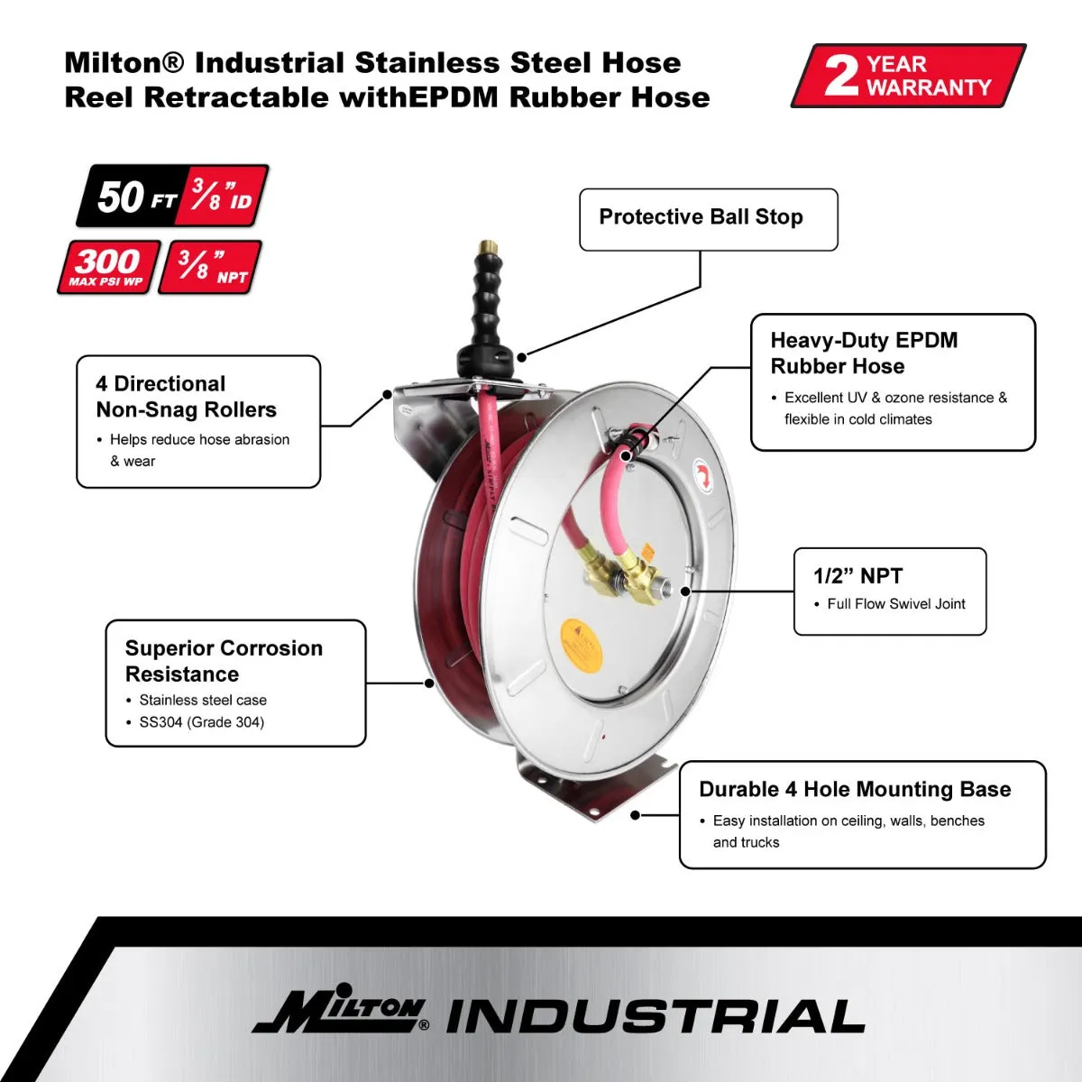 Industrial Stainless Steel Hose Reel Retractable, 3/8" ID x 50' EPDM Hose w/ 3/8" NPT, 300 PSI