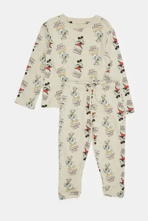 Infant Boys Beige Printed Mickey Mouse Pyjama Set (2 Piece)
