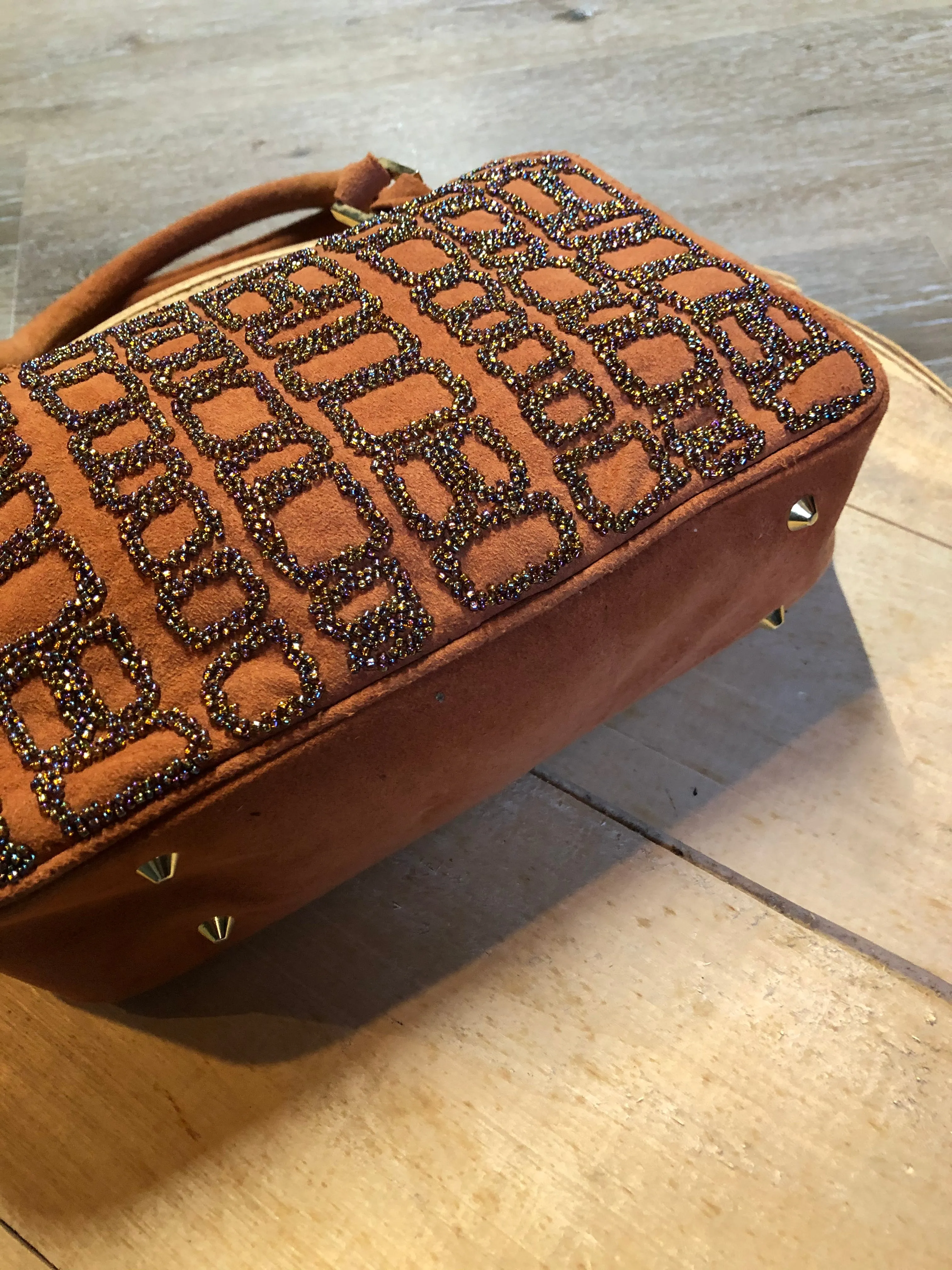 Inge Christopher Orange Suede Beaded Handbag