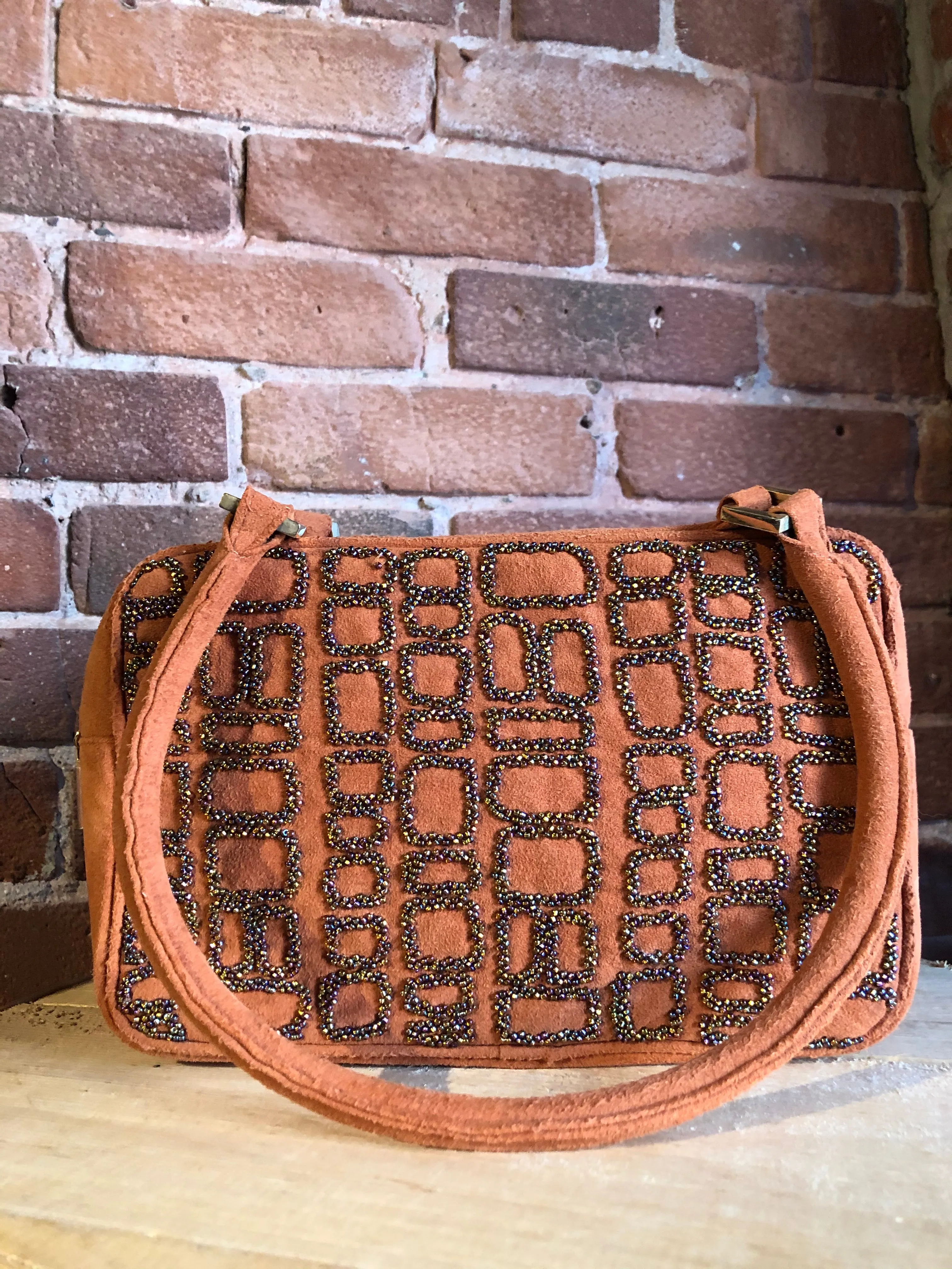 Inge Christopher Orange Suede Beaded Handbag