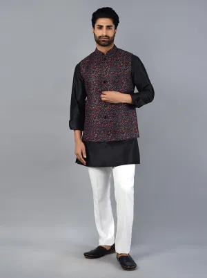 Ink Black Printed Regular Fit Bandhgala Jacket | Azania
