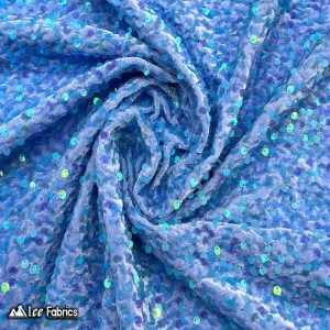 Iridescent Sky Blue Emma Stretch Velvet Fabric with Embroidery Sequin