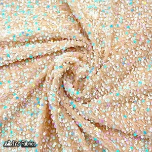 Iridescent White on Nude Emma Stretch Velvet Fabric with Embroidery Sequin