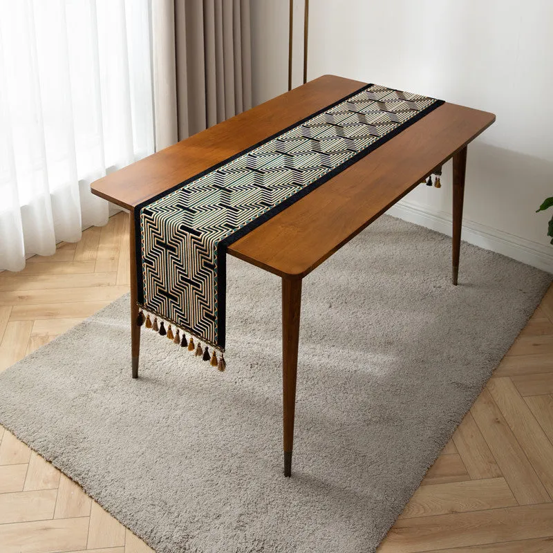 Jacquard Table Runner American Retro Geometric Line Tassel Table Runner Polyester Tablecloth Tailstock Flag Chest of Drawers Dustproof Tablecloth