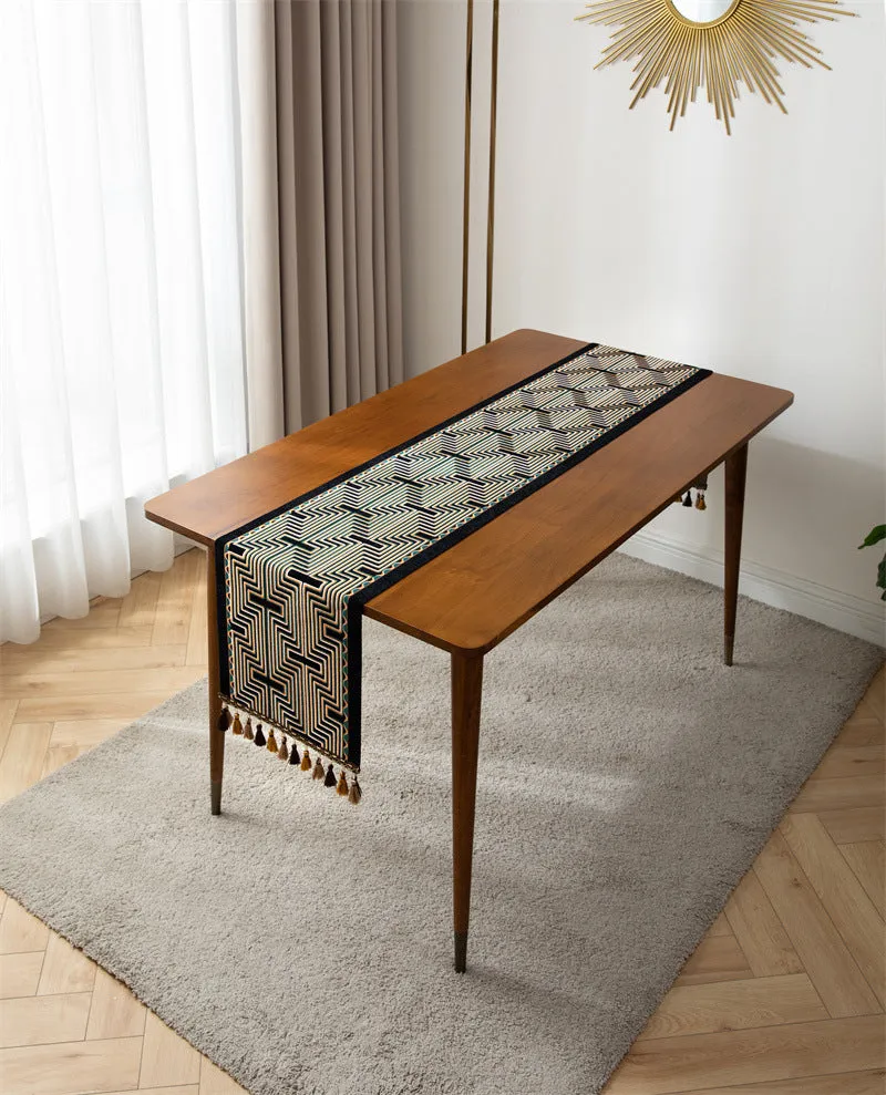 Jacquard Table Runner American Retro Geometric Line Tassel Table Runner Polyester Tablecloth Tailstock Flag Chest of Drawers Dustproof Tablecloth