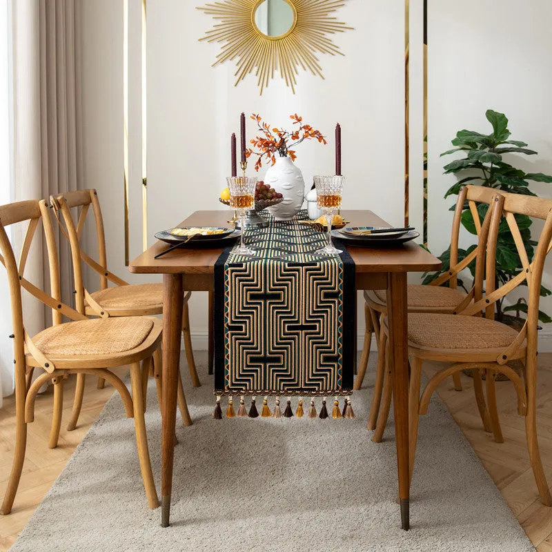 Jacquard Table Runner American Retro Geometric Line Tassel Table Runner Polyester Tablecloth Tailstock Flag Chest of Drawers Dustproof Tablecloth