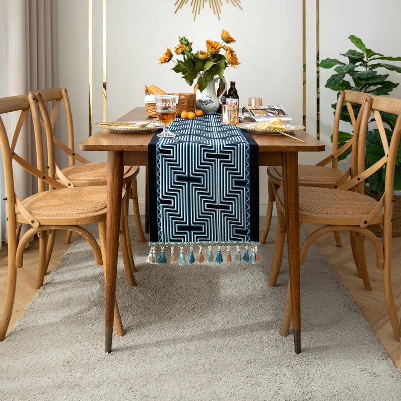 Jacquard Table Runner American Retro Geometric Line Tassel Table Runner Polyester Tablecloth Tailstock Flag Chest of Drawers Dustproof Tablecloth