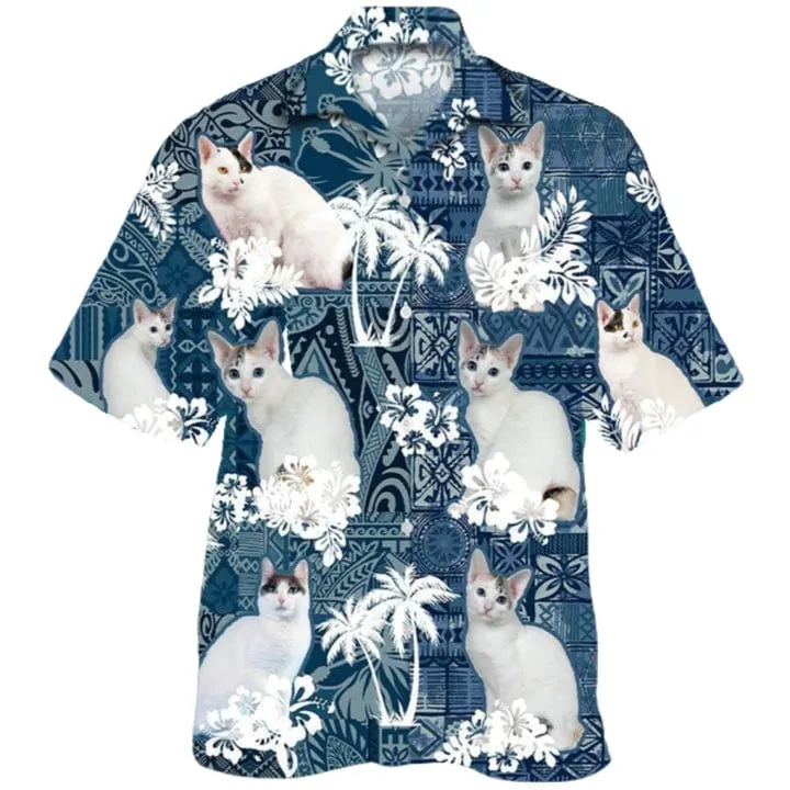 Japanese Bobtail Hawaiian Shirt, 3d Full Printed White Cat Hawaiian Shirt, Summer Aloha Beach Shirts, Summer Gift For Women