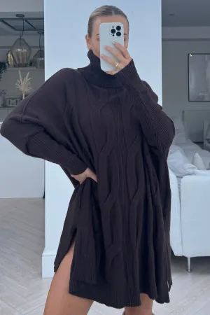 jayda chocolate cable knit roll neck jumper