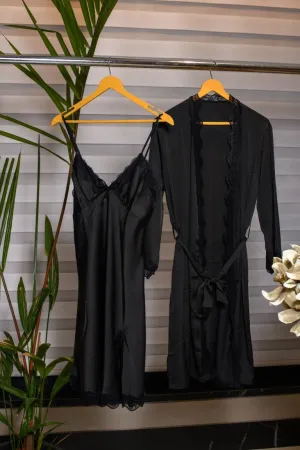 Jet Black Night Suit Ensemble with Robe