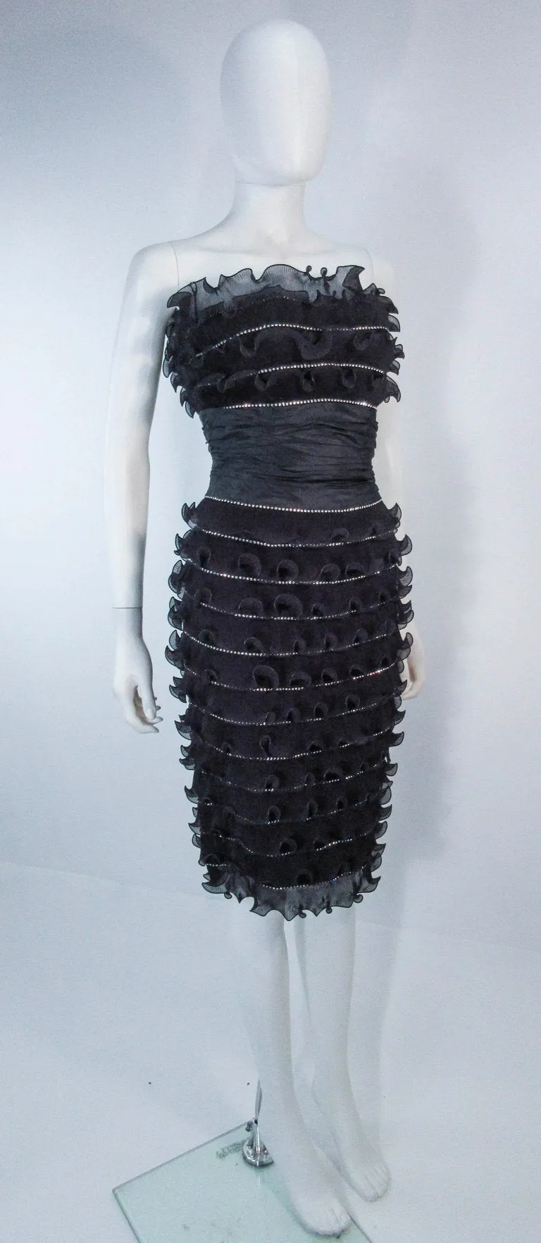 JIKI Monte Carlo Creation Black Pleated Ruffle Cocktail Dress Size 38