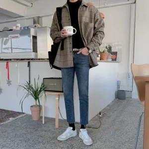 Jinquedai fall mens outfits Winter Thickened Woolen Plaid Shirt Men's Casual Loose Korean Woolen Long Sleeve Shirt Warm Coat