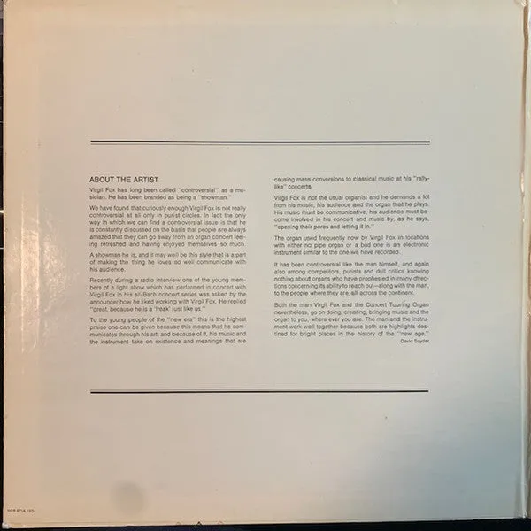 Johann Sebastian Bach, Virgil Fox - Virgil Fox Plays Music For The New Age (LP) (NM or M-)