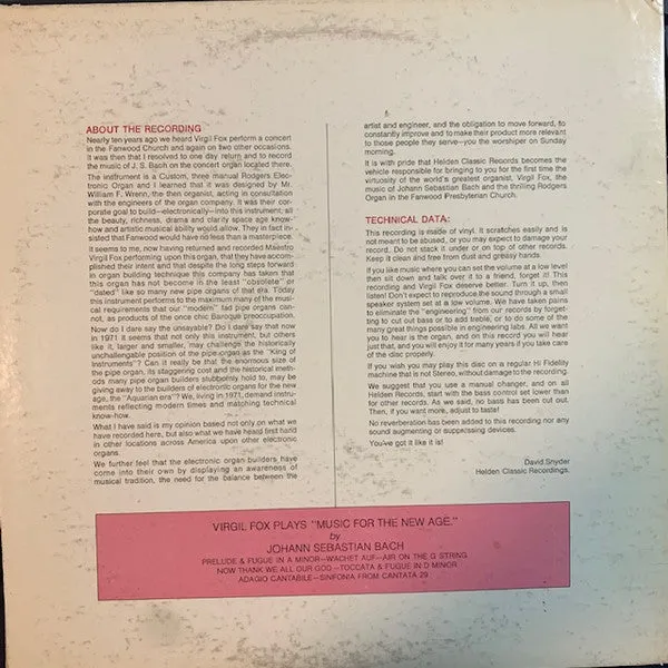 Johann Sebastian Bach, Virgil Fox - Virgil Fox Plays Music For The New Age (LP) (NM or M-)