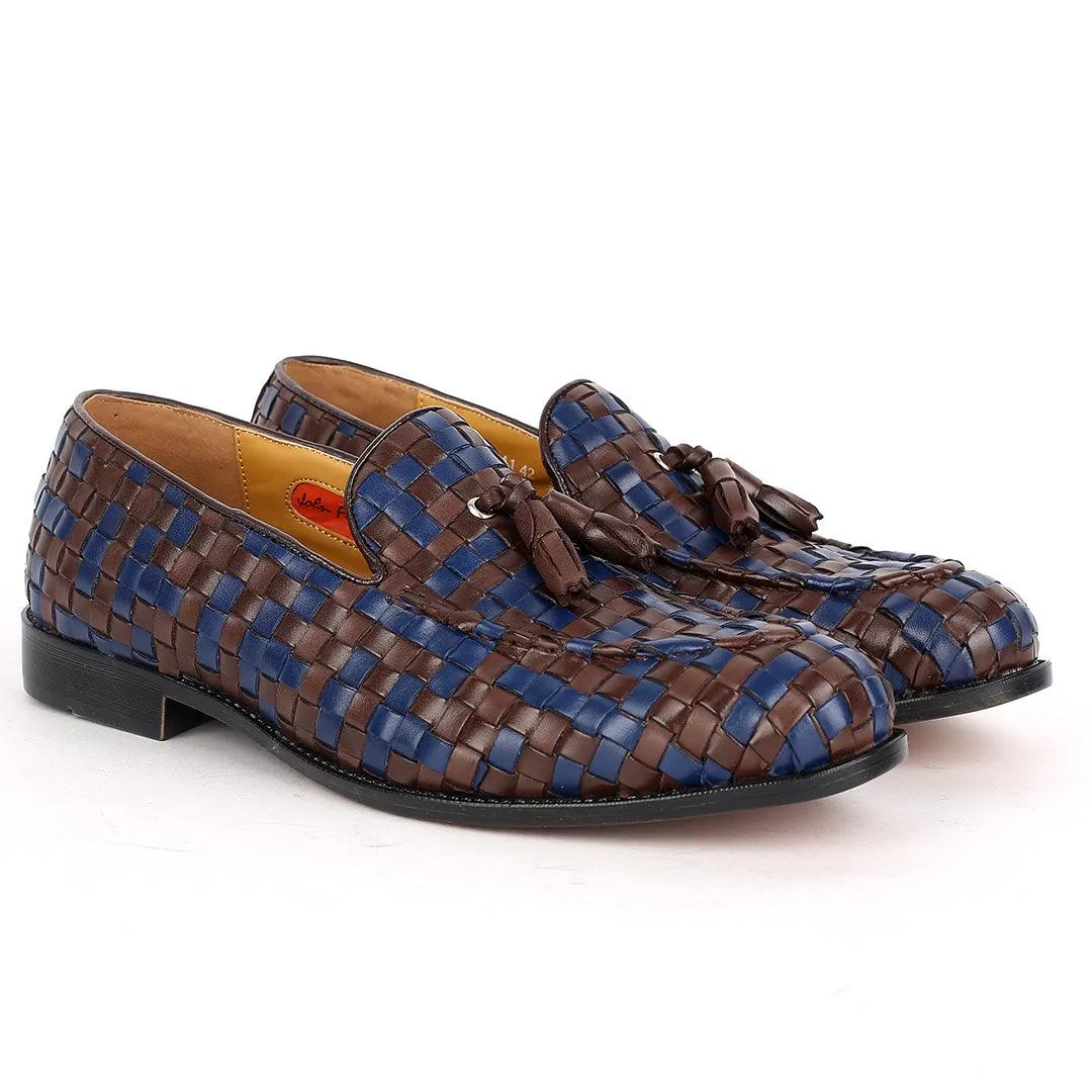 John Foster Classic Mat Patterned Coffee And Blue Leather Shoe