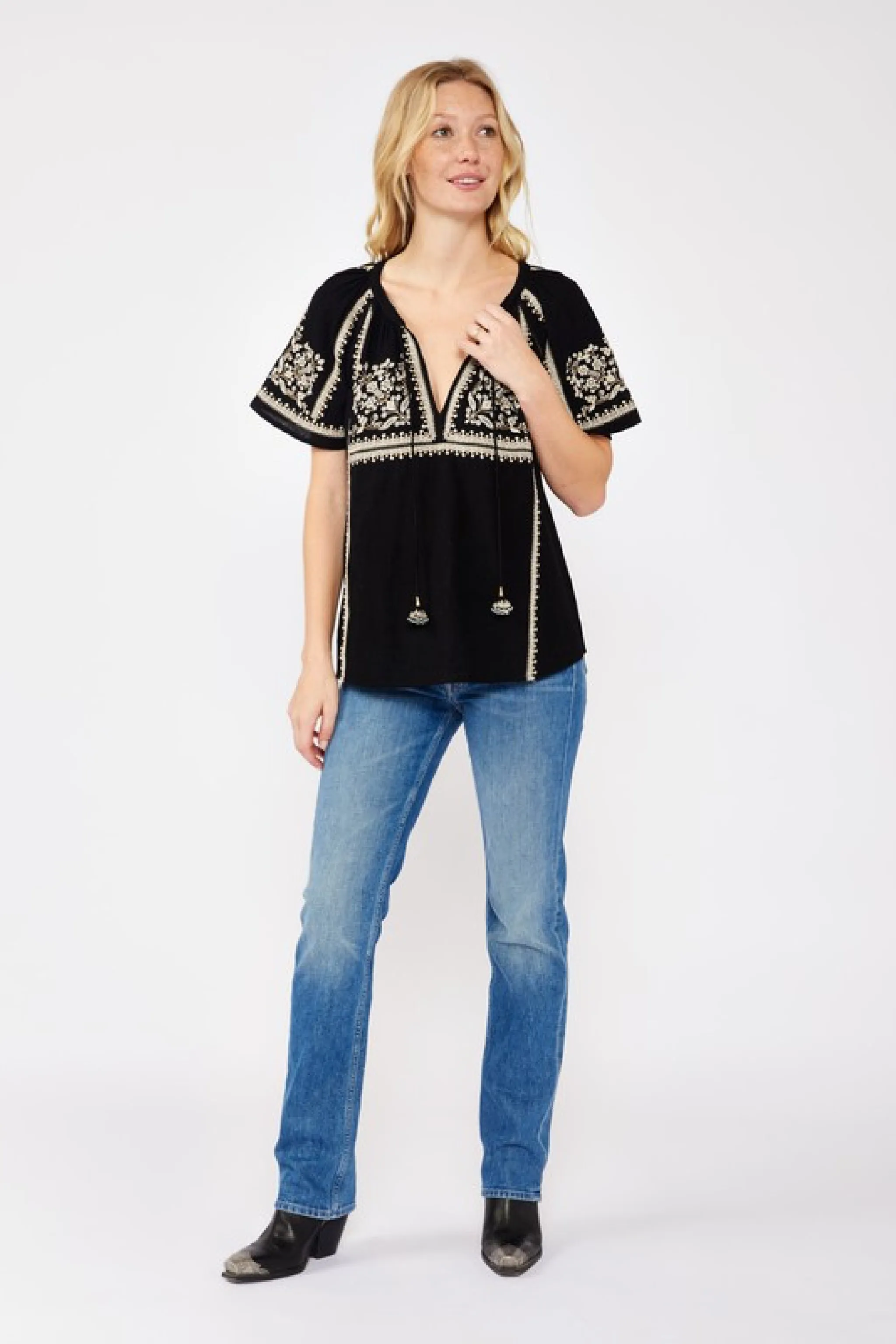 Jolene Short Sleeve Embroidered Floral Top Black