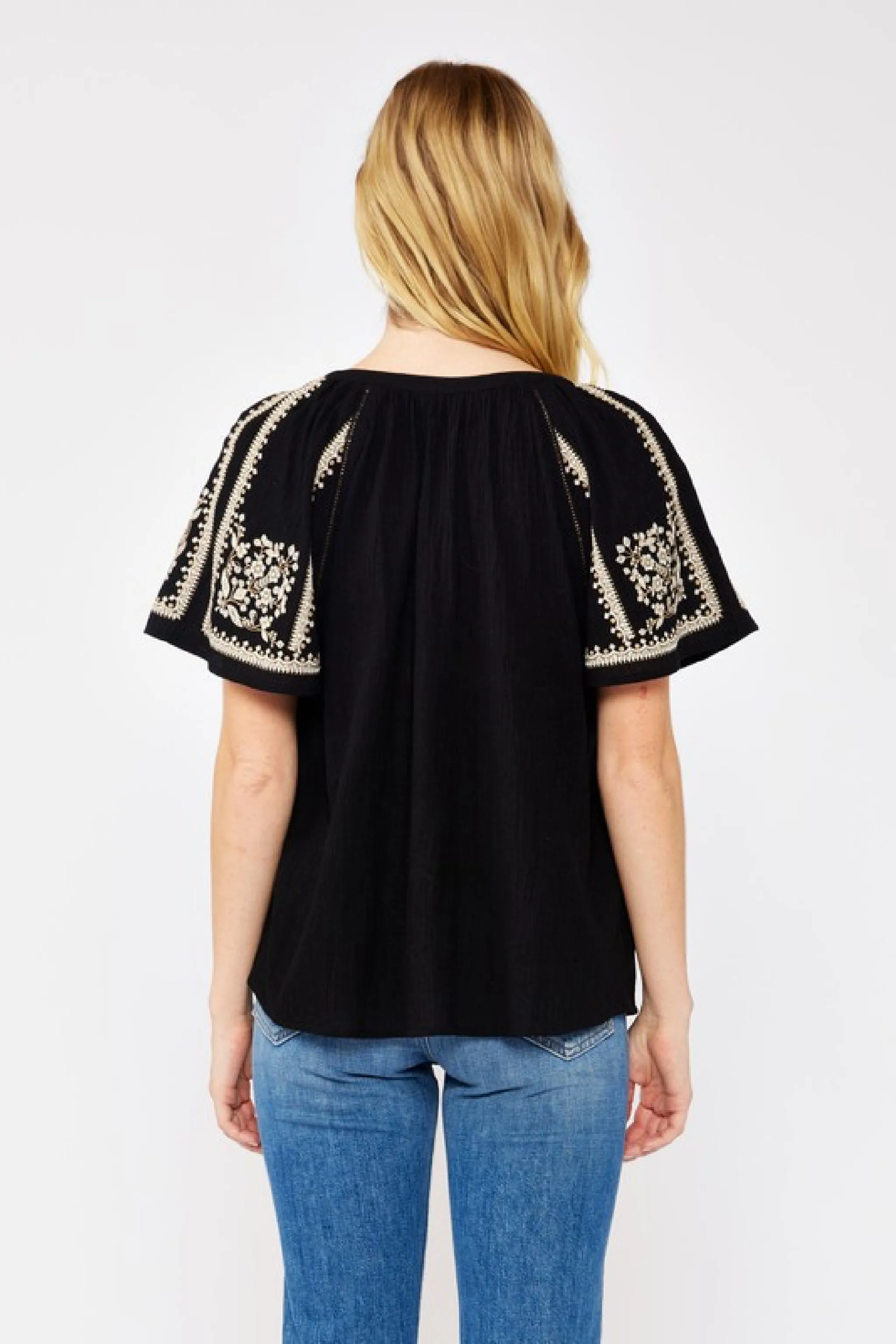 Jolene Short Sleeve Embroidered Floral Top Black