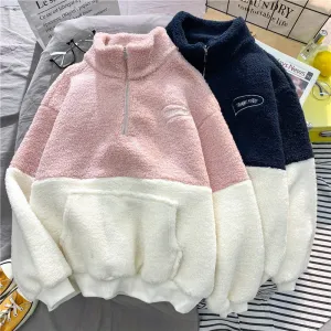 Joskaa sweater Women's Half Turtleneck Cashmere Sweater Autumn and Winter Fleece-lined Thickened Loose Long Sleeve Half Zipper Pullover Sweater Women's Fashion