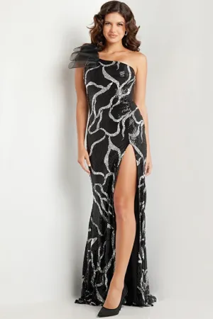 Jovani - 38377 - Black and Silver Sequin One-Shoulder Evening Dress