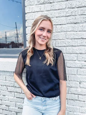 Joy to the World Black Tee With Sparkle Mesh Sleeves
