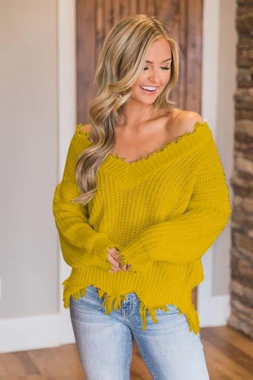 Joyous Frayed Dropped Shoulder Sweater