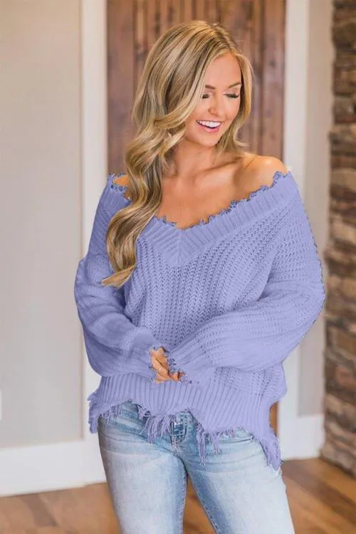 Joyous Frayed Dropped Shoulder Sweater