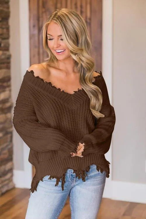 Joyous Frayed Dropped Shoulder Sweater